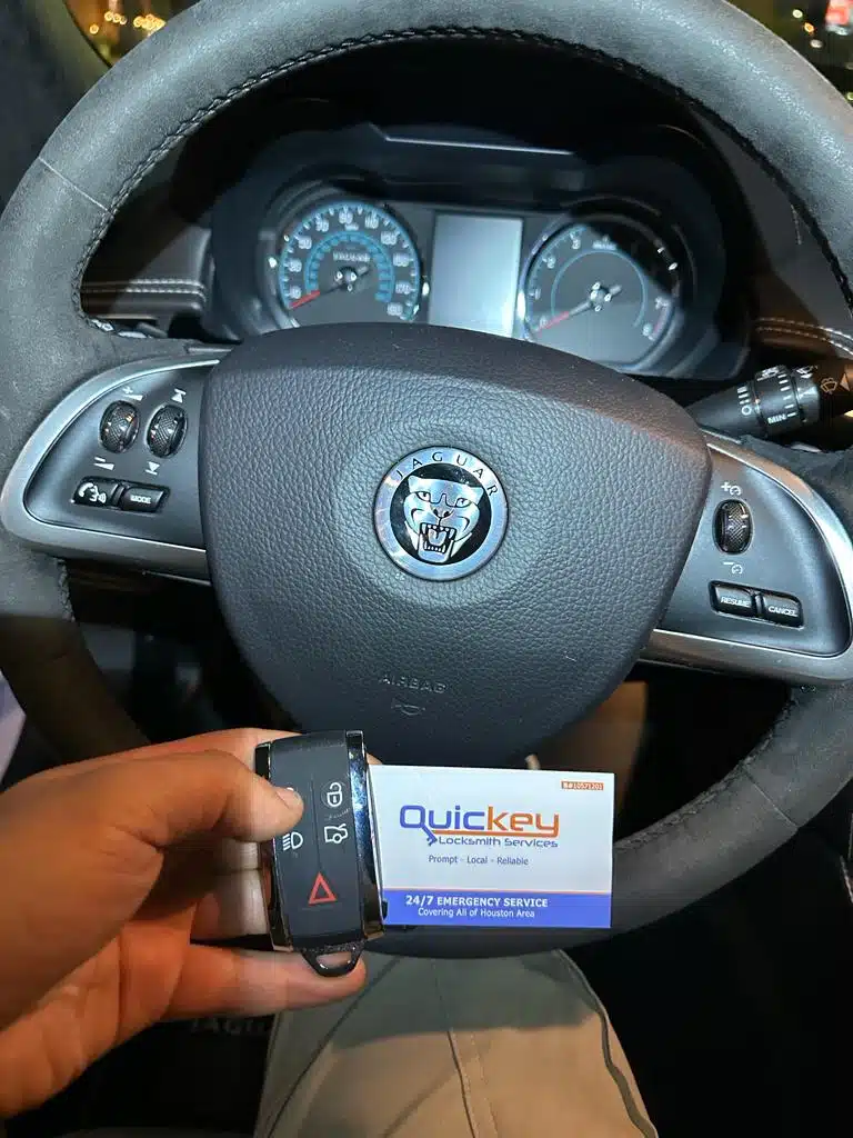 Quickey Locksmith Services business card — Prompt, Local, Reliable. 24/7 Emergency Service. Covering All of Houston Area.